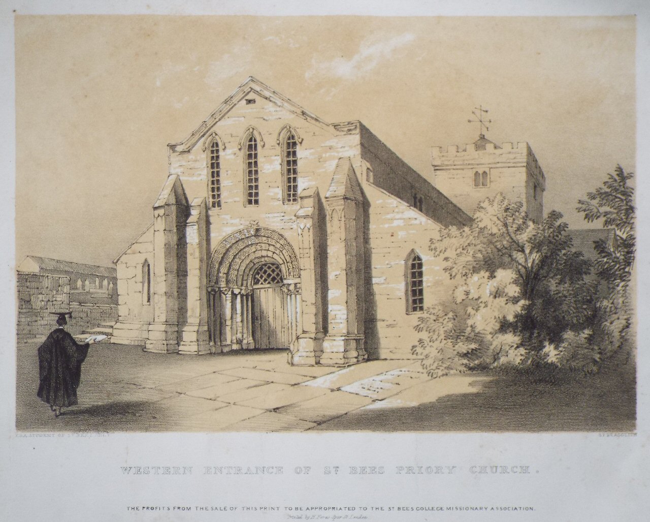 Lithograph - Western Entrance of St. Bees Priory Church. - Bragg